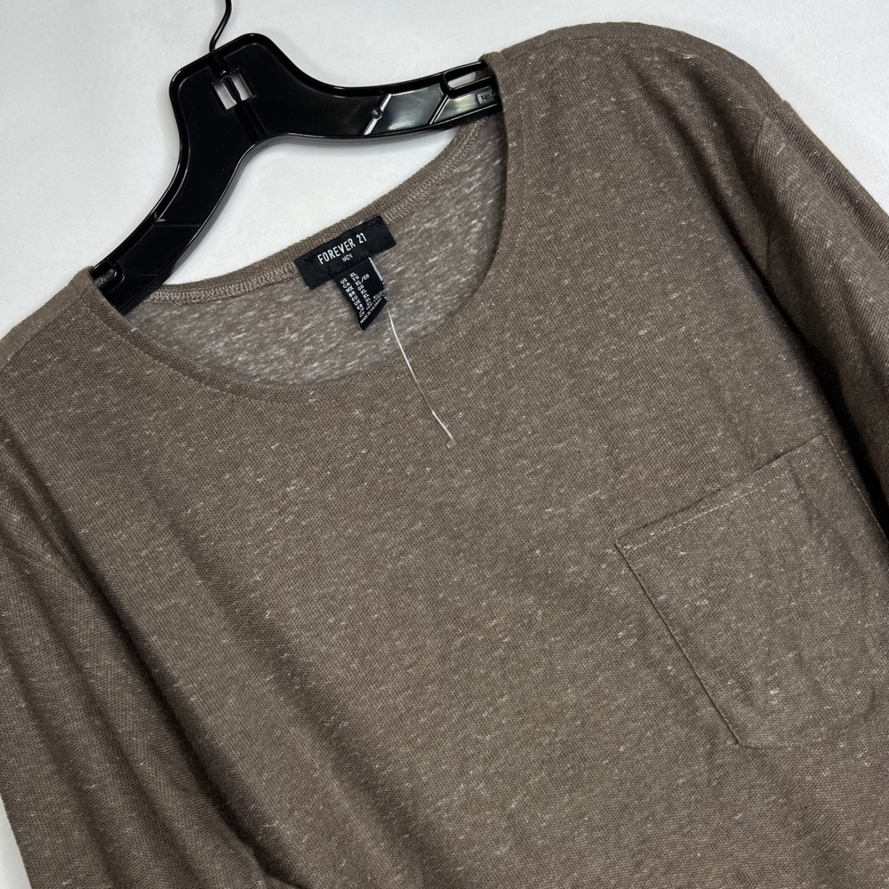 Forever 21 Brown Long Sleeve Pocket Tee Men XL Marled Crewneck Casual Minimalist